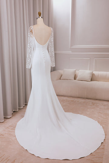 Vestido de novia de satén con cuello de novia de trompeta de marfil con mangas largas de encaje
